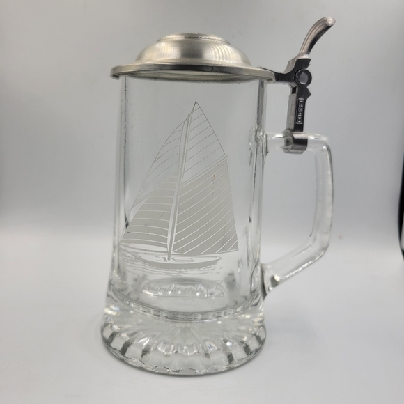 Columbia 1901 Glass Beer Mug Stein Etched Ship Anchor Lid Old Spice Alwe Germany - Picture 1 of 5